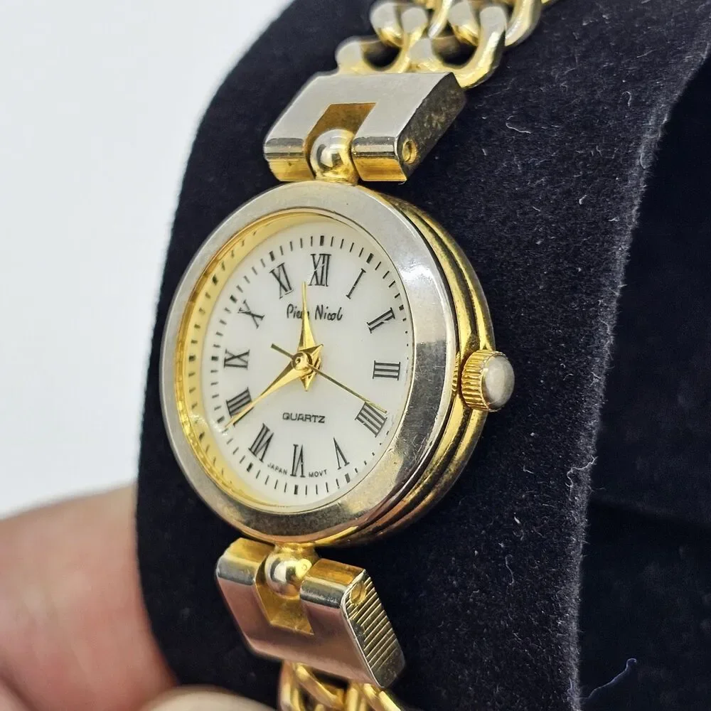 VTG Pierre Nicol Women‎ Watch 22MM Cream Dial Gold Chain Bands 6